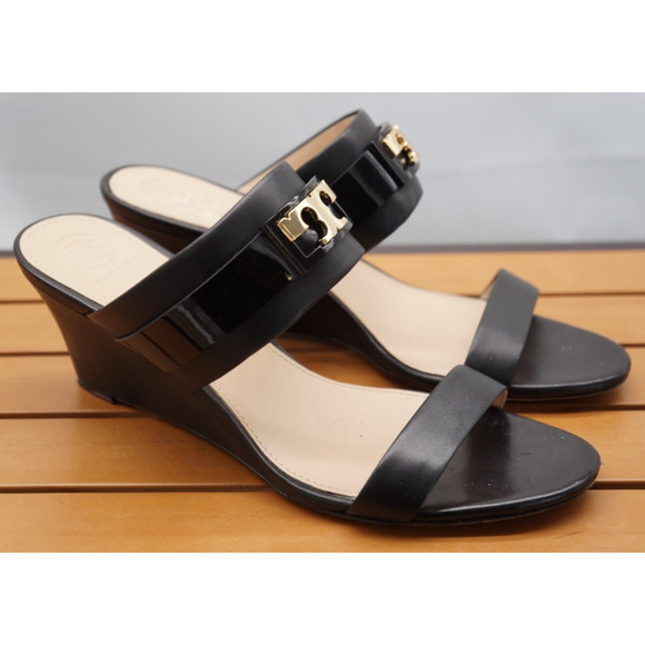 Tory Burch Women’s Black Leather Slide Wedges SZ 9 - Picture 5 of 16